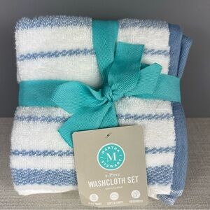 Martha Stewart Washcloth Set Blue White Striped 100% Cotton Soft 4 Pc NEW